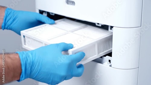 Gloved hands replace dirty air purifier filter with a clean one.