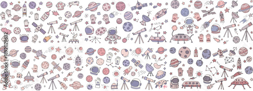 A playful illustration featuring space-themed doodles, including planets, telescopes, and astronauts.