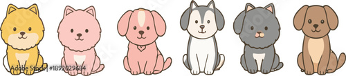 Cute cartoon puppy dog character vector set with different breeds sitting in adorable flat illustration style