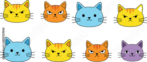 Cute colorful cat face icons with angry happy expressions flat cartoon kitten emoji style vector set