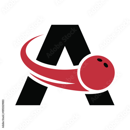 Letter A logo with red bowling ball and motion trail  sports symbol icon