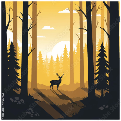 Deer Standing in Forest at Sunrise.