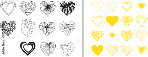 A large collection of stylized vector hearts in black and yellow. Features geometric, anatomical, sketched, and patterned designs, ranging from minimalist outlines to complex abstract textures.
