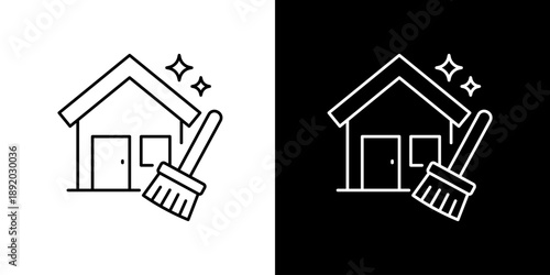 Clean house icon representing home cleaning services and maintenance with a broom and sparkling effect
