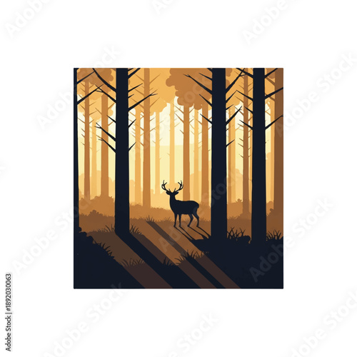 Deer Standing in Forest at Sunset.