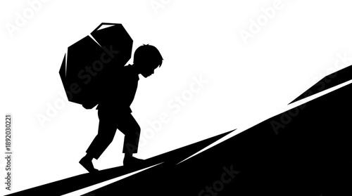 Vector Silhouette of Child Labour Concept. Young Boy Carrying Huge Heavy Load of Rocks Walking Uphill. Symbol of Hardship, Poverty, Slavery, and Struggle for Survival.