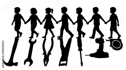 Vector Silhouette Concept of Child Labour with Kids Holding Hands Casting Shadows of Industrial Tools. Human Rights, Exploitation, and Lost Childhood Metaphor Illustration.
