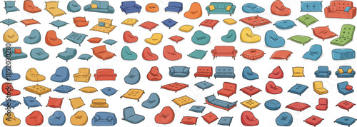 A vibrant collection of colorful furniture illustrations, featuring various sofas, cushions, and bean bags.