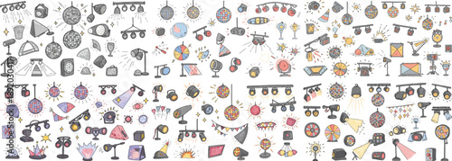 A vibrant collection of colorful party icons, including disco balls, lights, and decorations.