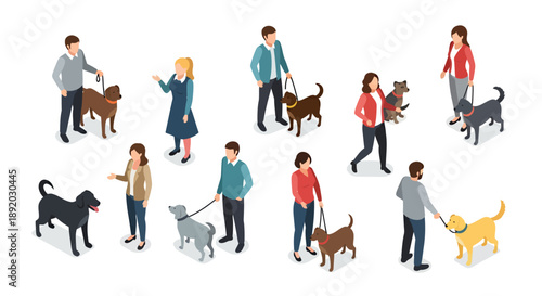 Group of people walking multiple dogs in a sunny urban park scene with diverse breeds and companions.