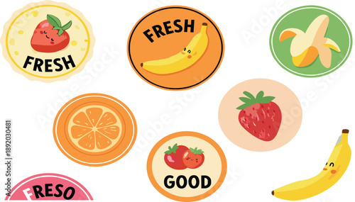 Cute fresh fruit badge collection with banana strawberry orange labels and colorful playful cartoon sticker style