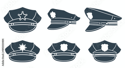 Six blue police cap icons in silhouette style for graphic design and branding use.