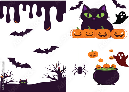 Cute Halloween vector illustration set with black cat pumpkins bats ghosts spider and spooky decorative elements