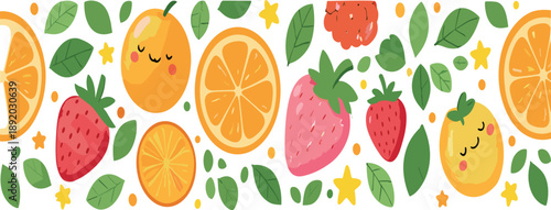 Cute retro seamless pattern with smiling fruits stars jukebox eye lips and colorful playful cartoon doodle elements