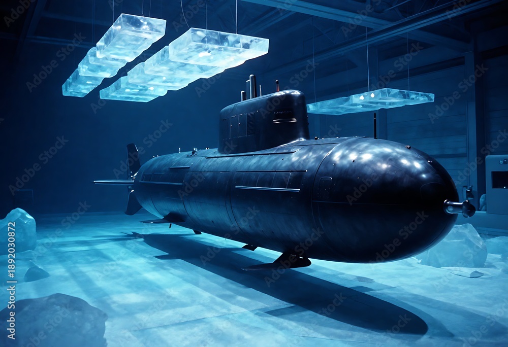 Naklejka premium Fleet of military submarines docked inside a frozen naval base, symbolizing maritime power, stealth technology, national defense, and Pearl Harbor Remembrance Day in an arctic setting.