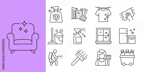 Vector Line Icon Set Illustrating Various Household Cleaning Services and Essential Domestic Chores