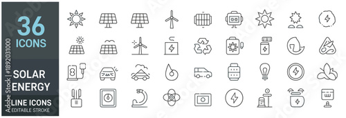 renewable solar energy line icon set, editable stroke vector icons featuring solar panels, sun, electricity, battery, and eco friendly power concepts for infographics.