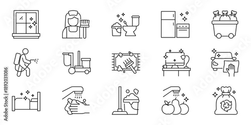 Collection of Cleaning and Household Chores Icons representing various domestic tasks and maintenance activities