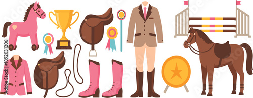 Equestrian competition elements set with horse rider uniform trophy medals saddle boots and jumping obstacles vector illustration