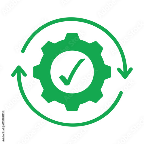 Modern green 3d gear icon and vector recycle symbol illustration featuring a professional eco technology concept design with a circular engine cogwheel element for sustainable business web work