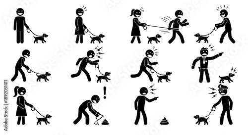 Series of stick figure scenes showing people interacting with a dog in various poses.