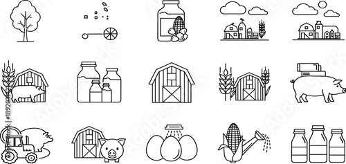 Farm agriculture line icon set with barn animals crops milk bottles village and rural farming elements