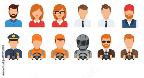 Group of diverse illustrated people avatars featuring professionals and civilians.