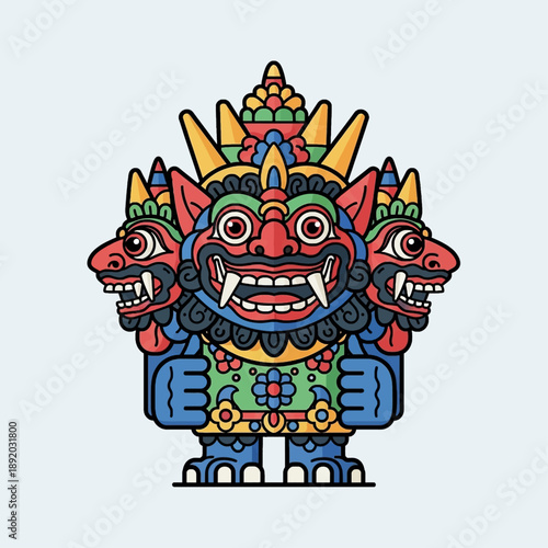 A colorful, stylized illustration of a multi-headed mythical creature with fangs and intricate patterns, resembling a Balinese demon or deity.