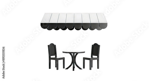 Outdoor Cafe Setting with Awning, Table, and Chairs