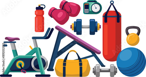 Flat Gym Equipment Outline Icon Set Fitness Machines, Weights, and Accessories