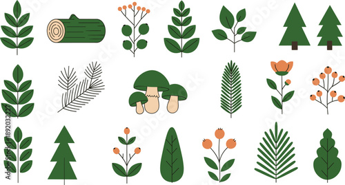 Forest nature elements vector set with leaves trees mushrooms branches berries and plants flat illustration