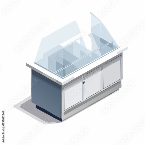 Isometric illustration of a modern self-service buffet salad bar counter with transparent glass sneeze guard, ideal for cafeteria, restaurant, or grocery store food display