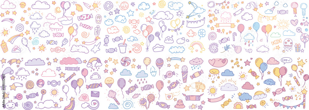 Naklejka premium Colorful and playful doodles featuring balloons, candies, and whimsical clouds in pastel shades.