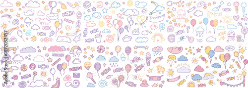 Colorful and playful doodles featuring balloons, candies, and whimsical clouds in pastel shades.
