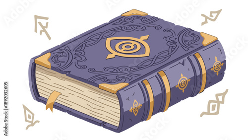 Ornate Purple & Gold Fantasy Book Illustration. Mystical Tome with Magic Symbols, Ancient Spellbook Design.