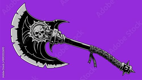 Dark Fantasy Battle Axe with Skull Emblem - Spiked Warrior Weapon Illustration