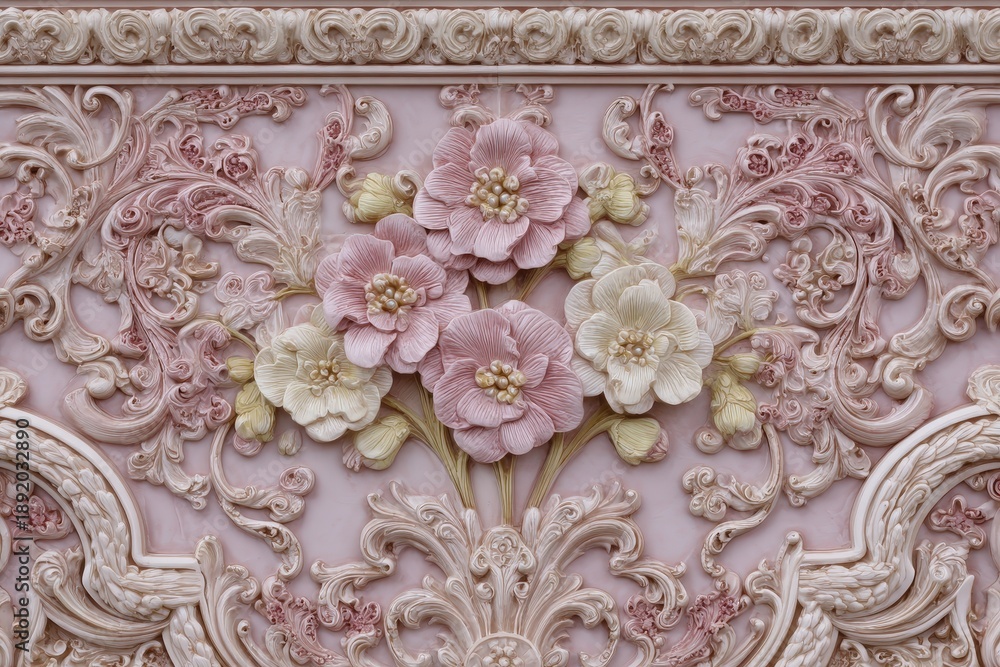 Obraz premium Elaborate three dimensional floral relief carving adorns an ornate architectural panel