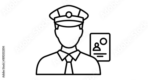 Minimalist line drawing of a police officer with ID badge and card.