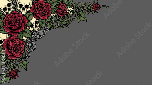 Dark Gothic Corner Border with Skulls, Red Roses, and Thorny Vines