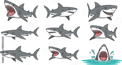 Shark Vector Character Set with Swimming and Attacking Poses, Open Mouth Expressions, and Dynamic Ocean Predator Actions for Marine Designs