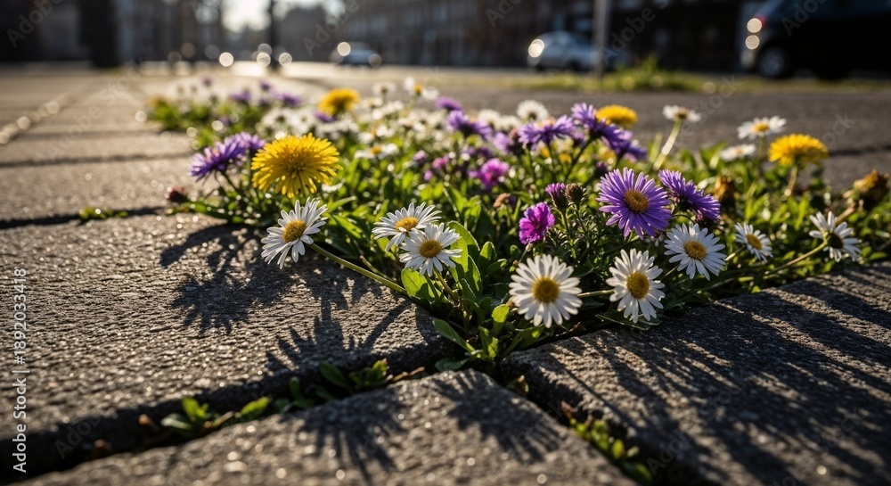 Obraz premium A striking contrast between raw concrete and delicate plant life reveals resilience, renewal, and unexpected beauty thriving within structured urban environments.