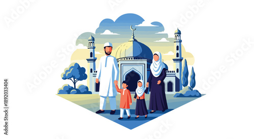 Family wearing traditional clothes visits mosque together