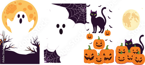 Halloween spooky vector illustration set with pumpkins black cat ghost moon spiderweb and night horror elements