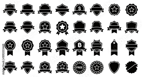 Collection of circular badge and emblem icons in various designs and silhouettes.