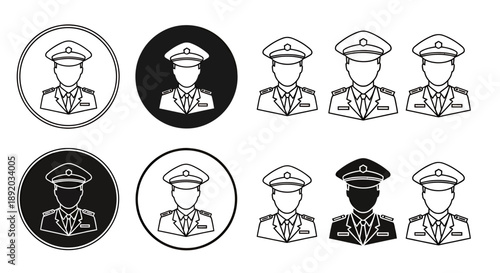 Set of circular black and white officer icons in lineart style.