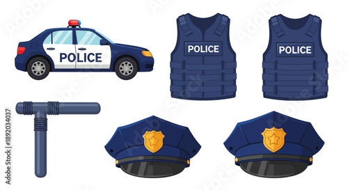 Police equipment on display: car, vests, baton and caps arranged for a themed collection.