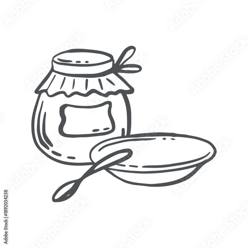 Jar of jam or honey with saucer and spoon vector graphic illustration. Hand drawn isolated doodle of cozy teatime items, sweet food. Black and white clipart for desing menu, recipe, cottagecore vibes.