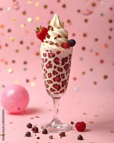 Delicious strawberry ice cream sundae with whipped cream in elegant glass on pink pastel background with festive confetti accents