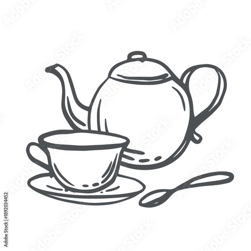 Teapot, cup with saucer and spoon vector graphic illustration. Table setting items for tea ceremony. Hand drawn isolated doodle of tea set. Black and white clipart for desing menu, cottagecore vibes.