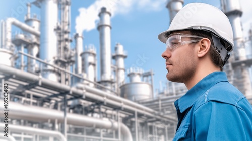 Represent the face of industrial excellence: a side profile of a young chemical engineer in a hard hat and safety glasses overlooking a complex refinery, perfect for energy, manufacturing